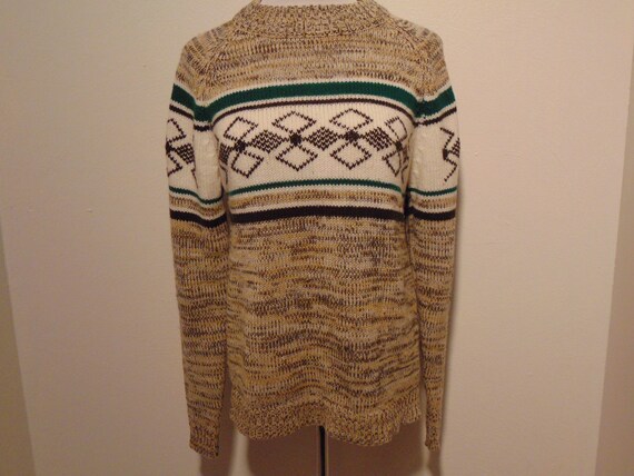 vintage 1970s ski sweater pullover tan green knit… - image 5