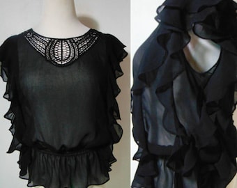 Vintage 70s 80s 90s black blouse top shirt ruffle cropped see through crocheted elastic waist