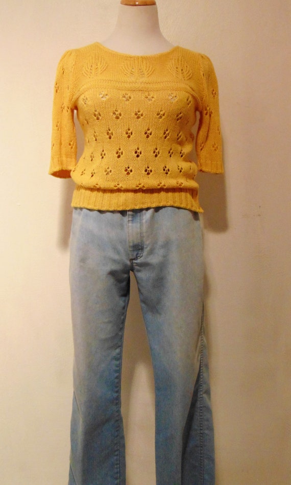 Vintage silk yellow sweater puffy sleeves pullove… - image 3