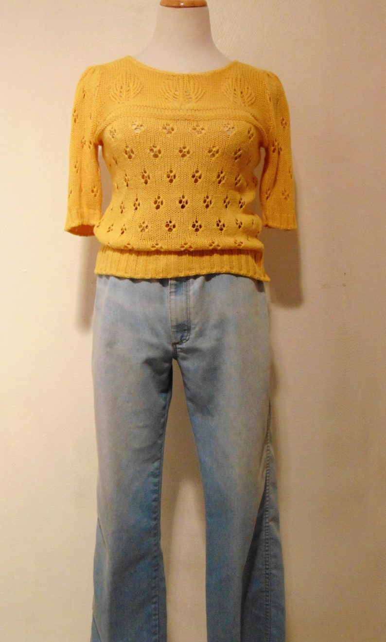 Vintage silk yellow sweater puffy sleeves pullover hipster mod boho large image 3