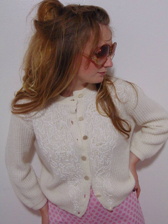 Vintage beaded white cardigan knit white top crea… - image 6