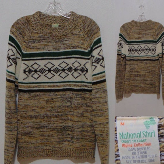 vintage 1970s ski sweater pullover tan green knit… - image 2