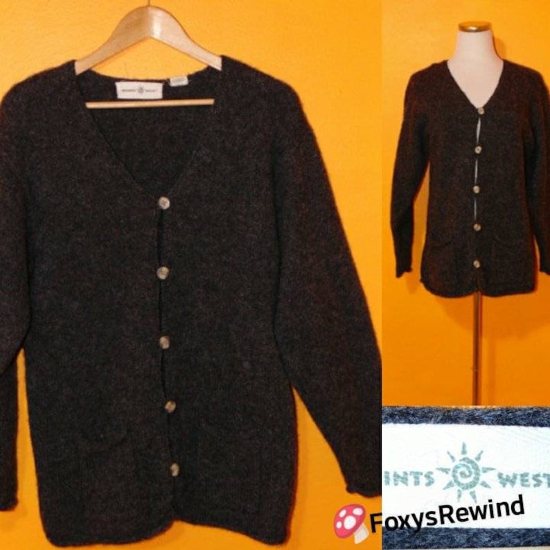 Vintage 100/% wool grey cardigan Points West sweater hipster mod boho plus size