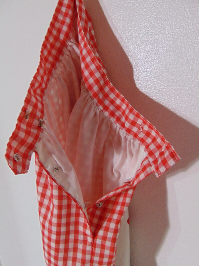 Vintage 1960s 70s tulip red skirt white flower handmade Rick rack gingham check dress applique mod