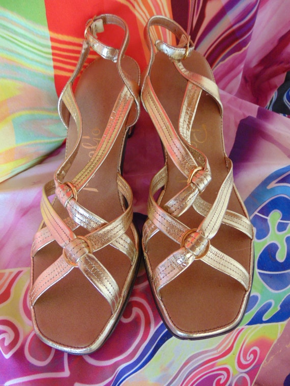 Vintage 1960s gold sandals block heel Sparkle strappy… - Gem