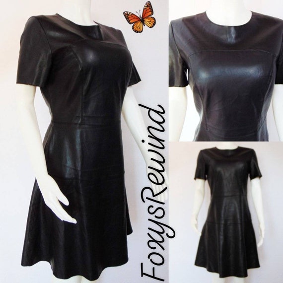 Y2K Vintage faux leather black dress short sleeve… - image 1