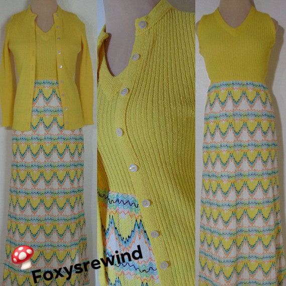 Vintage 1960s 70s yellow long dress suit Dalton Ch