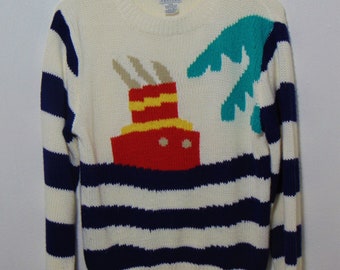 vintage nautical sweater ocean boat hipster mod top shirt crop pullover large