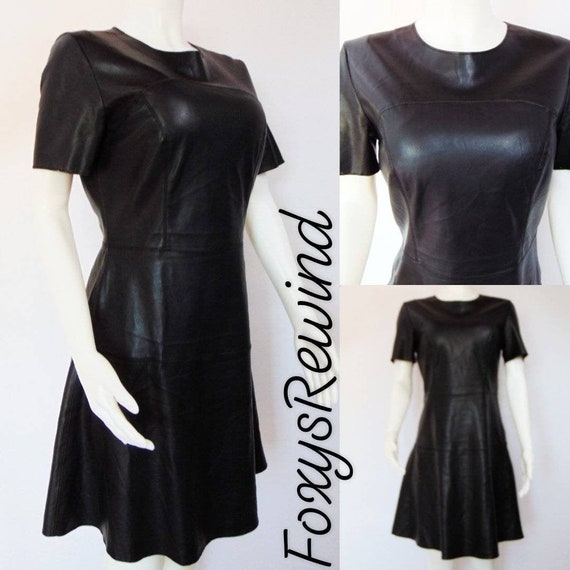 Y2K Vintage faux leather black dress short sleeve… - image 5