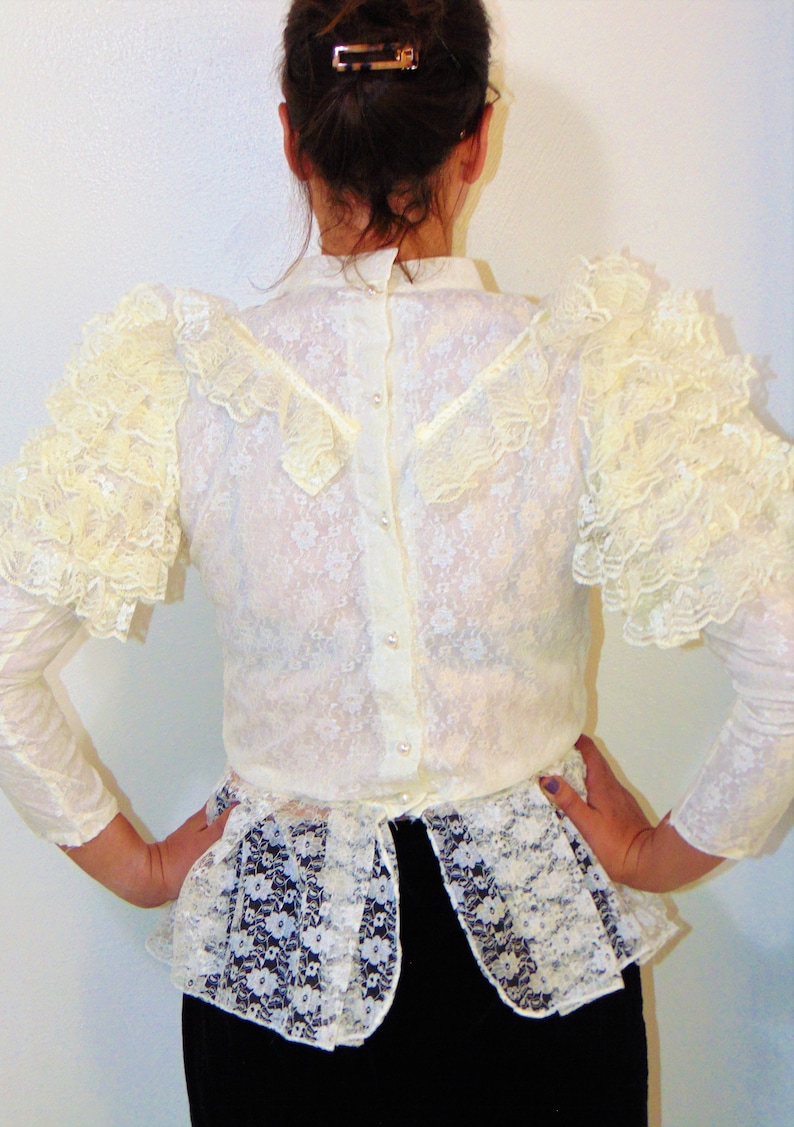 Vintage Victorian Blouse Mock Neck Ruffle Puffy Sleeves Beige Etsy