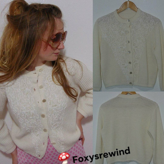 Vintage beaded white cardigan knit white top crea… - image 1