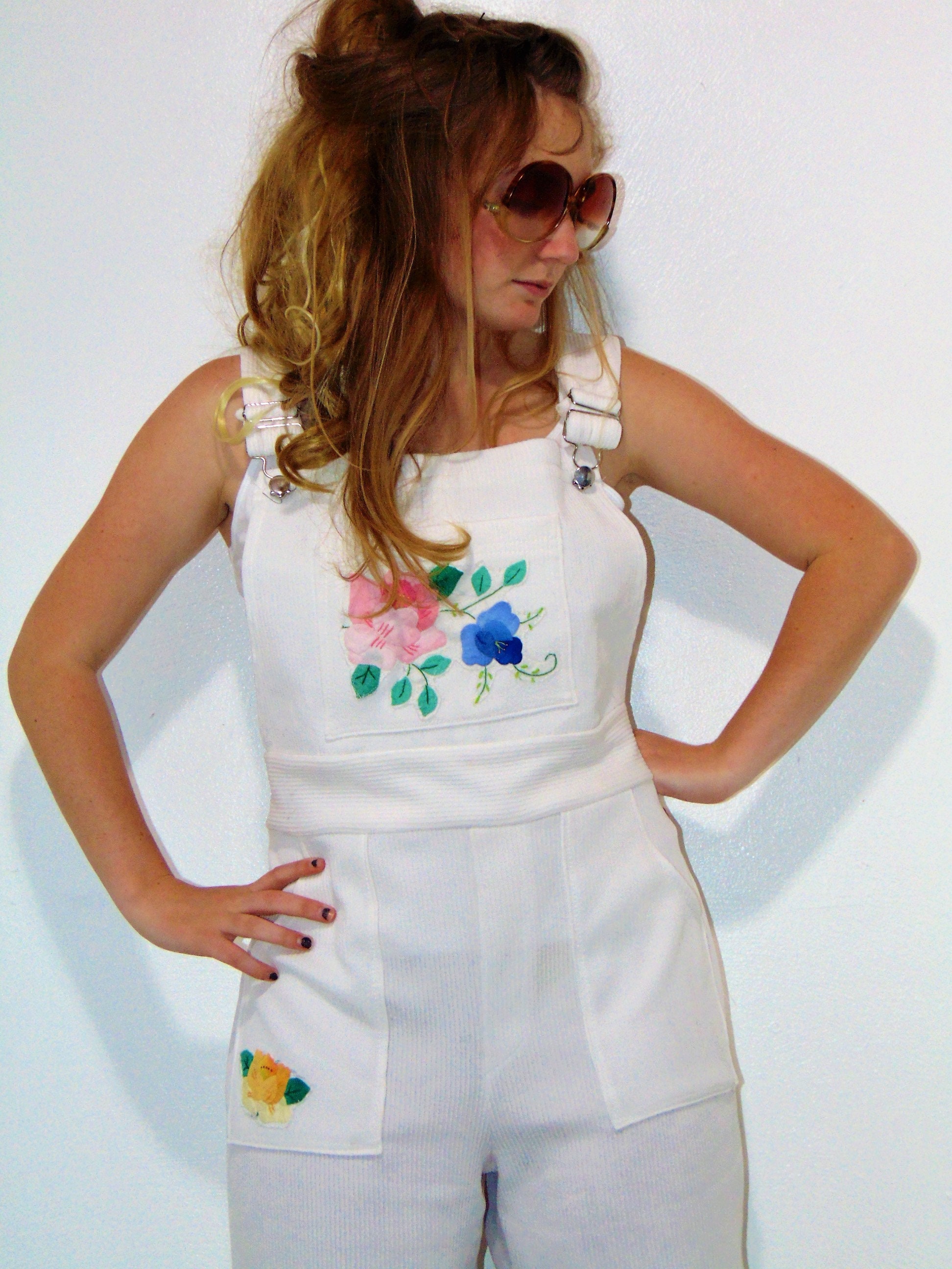 Overalls White flower pink blue floral bell bottom wide leg Etsy