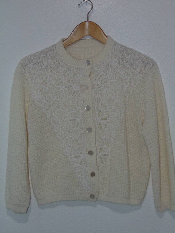 Vintage beaded white cardigan knit white top crea… - image 2