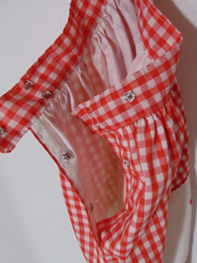 Vintage 1960s 70s tulip red skirt white flower handmade Rick rack gingham check dress applique mod