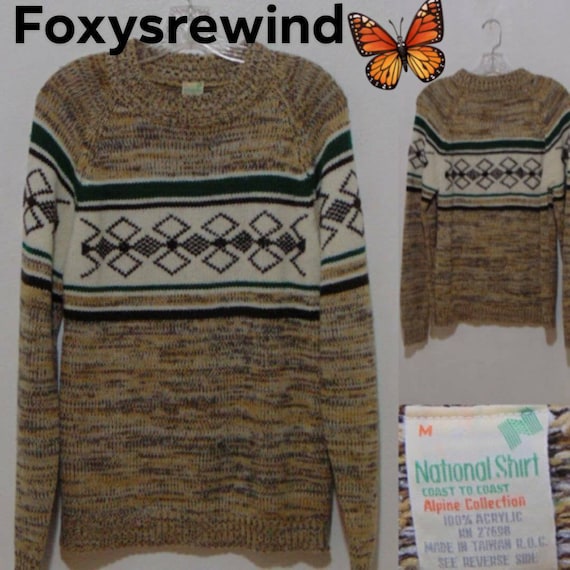 vintage 1970s ski sweater pullover tan green knit… - image 1