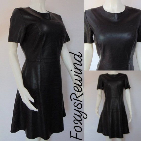 Y2K Vintage faux leather black dress short sleeve… - image 8