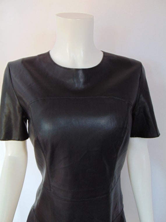 Y2K Vintage faux leather black dress short sleeve… - image 2