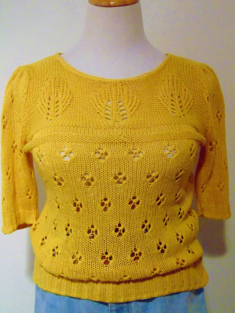 Vintage silk yellow sweater puffy sleeves pullover hipster mod boho large image 2