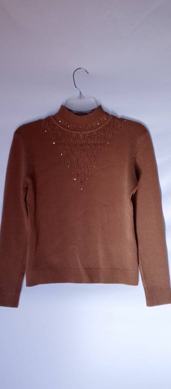 Vintage tan rhinestone sweater turtleneck beige k… - image 2