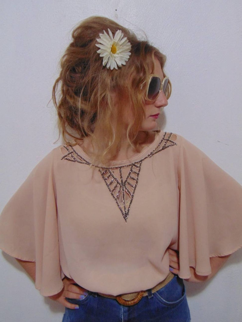 Vintage pink top blouse rhinestone shirt pink Chiffon hipster mod boho