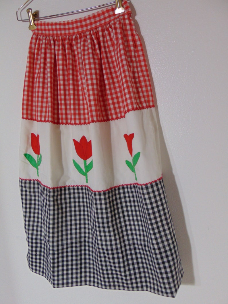 Vintage 1960s 70s tulip red skirt white flower handmade Rick rack gingham check dress applique mod