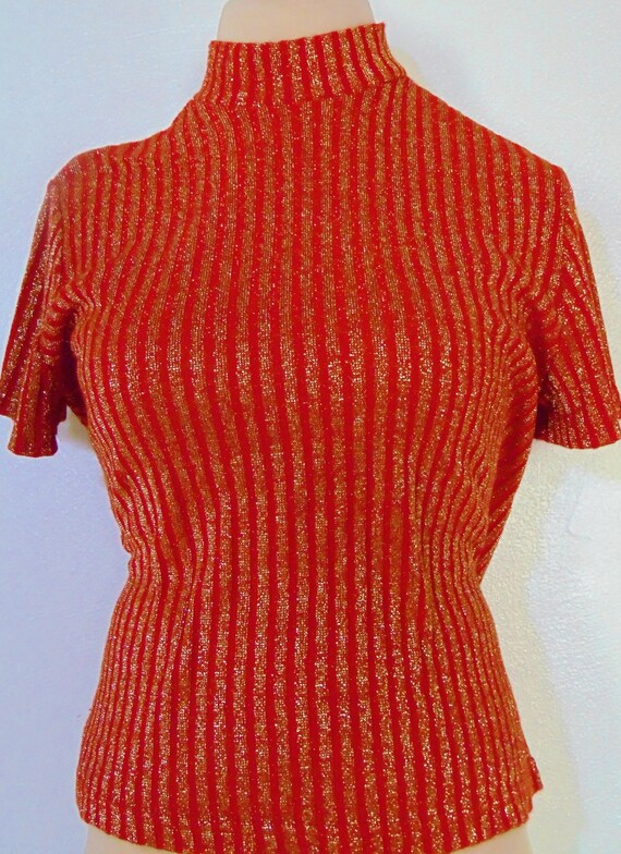 Christmas Vintage red gold stripe sweater mock ne… - image 5