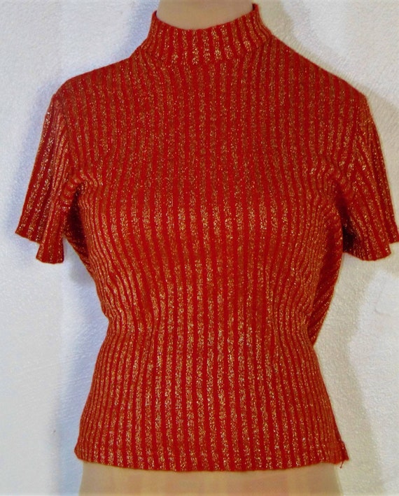 Christmas Vintage red gold stripe sweater mock ne… - image 9