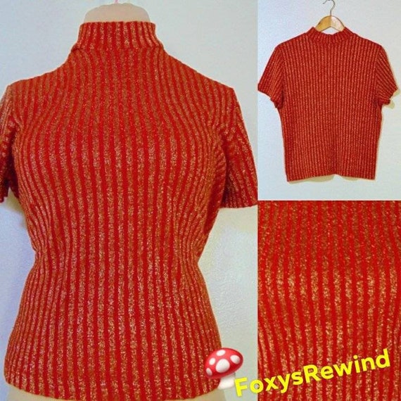 Christmas Vintage red gold stripe sweater mock ne… - image 1
