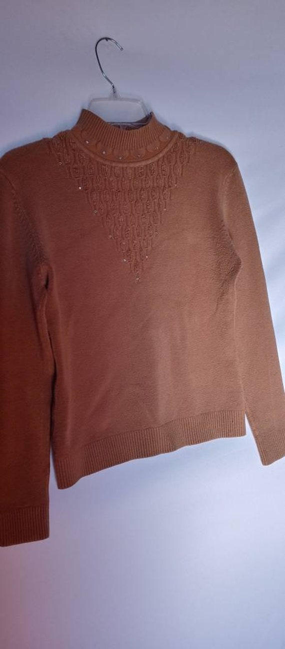 Vintage tan rhinestone sweater turtleneck beige k… - image 3