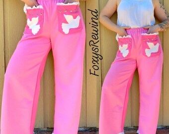 handmade pink and white dove wide leg pants pilot polyester plus size large hipster mod hippie bell bottom