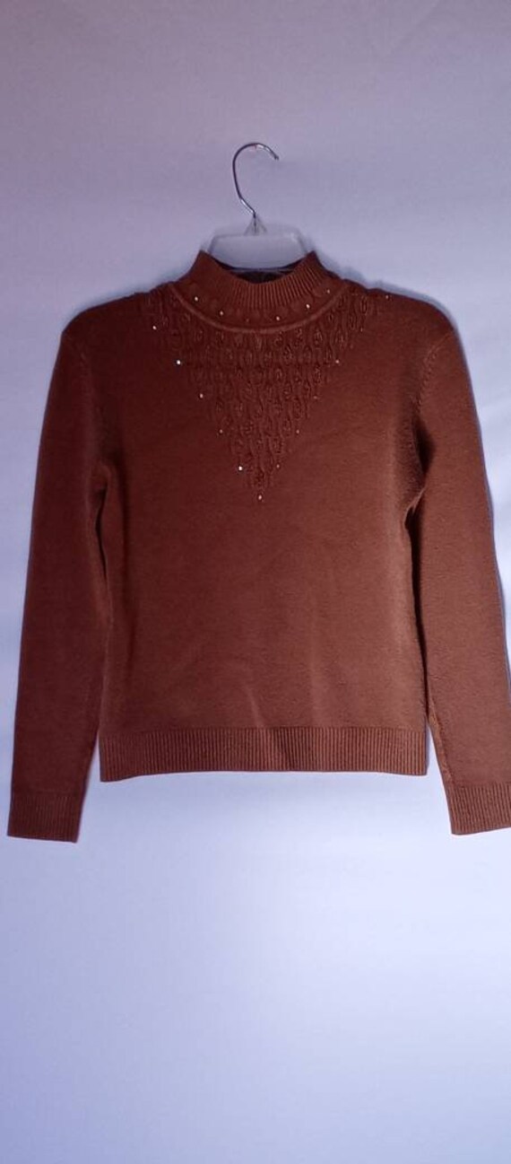Vintage tan rhinestone sweater turtleneck beige k… - image 5