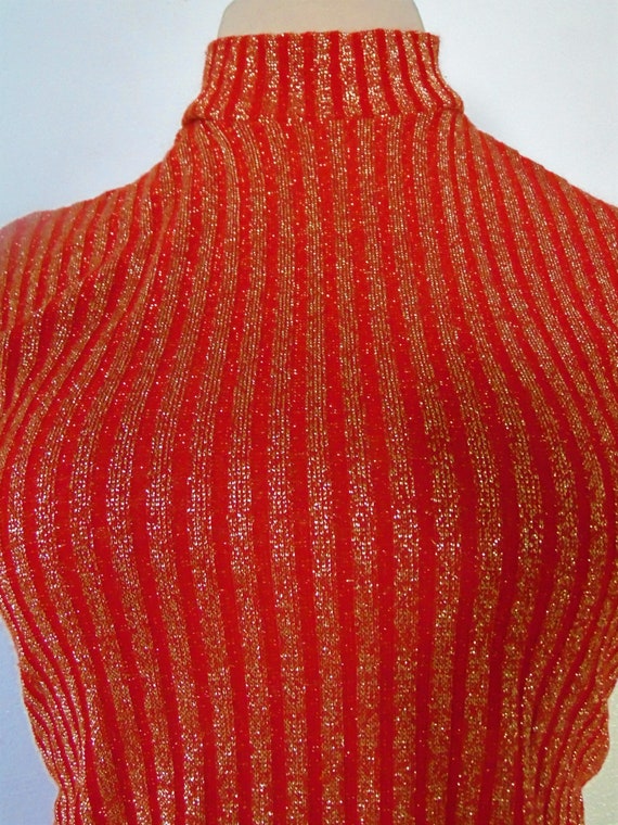 Christmas Vintage red gold stripe sweater mock ne… - image 8