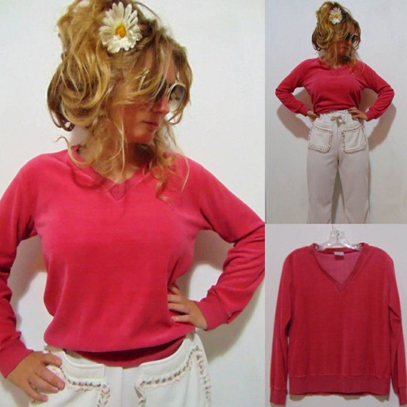 vintage 1970s pink top velour pullover shirt hot p