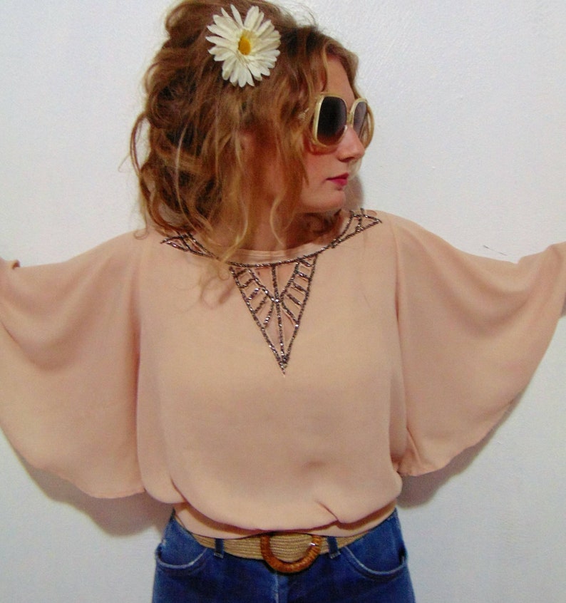 Vintage pink top blouse rhinestone shirt pink Chiffon hipster mod boho