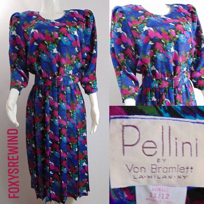 Vintage 1980s 90s blue dress burgundy shoulder pads belted pleated three-quarter length sleeve Pellini von bramlett 12 medium large