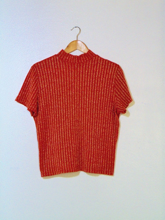 Christmas Vintage red gold stripe sweater mock ne… - image 7
