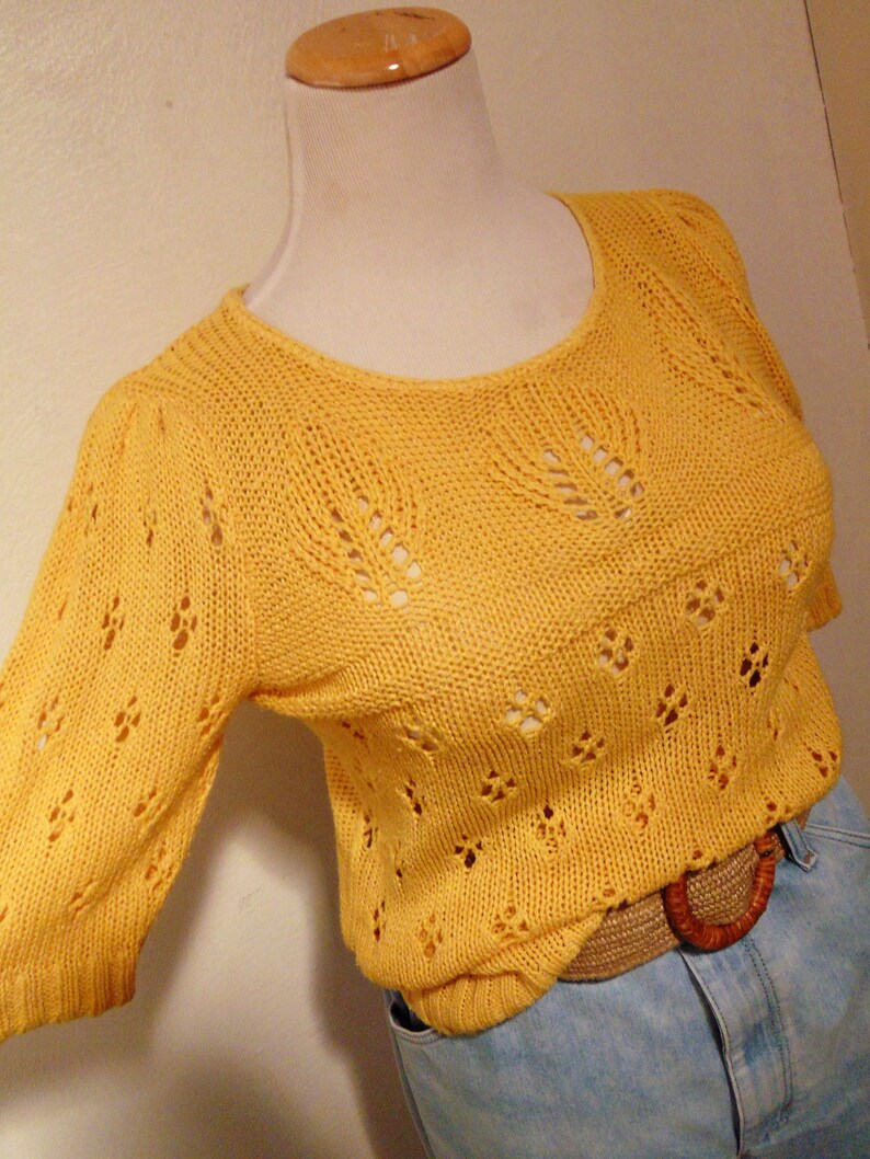 Vintage silk yellow sweater puffy sleeves pullover hipster mod boho large image 8