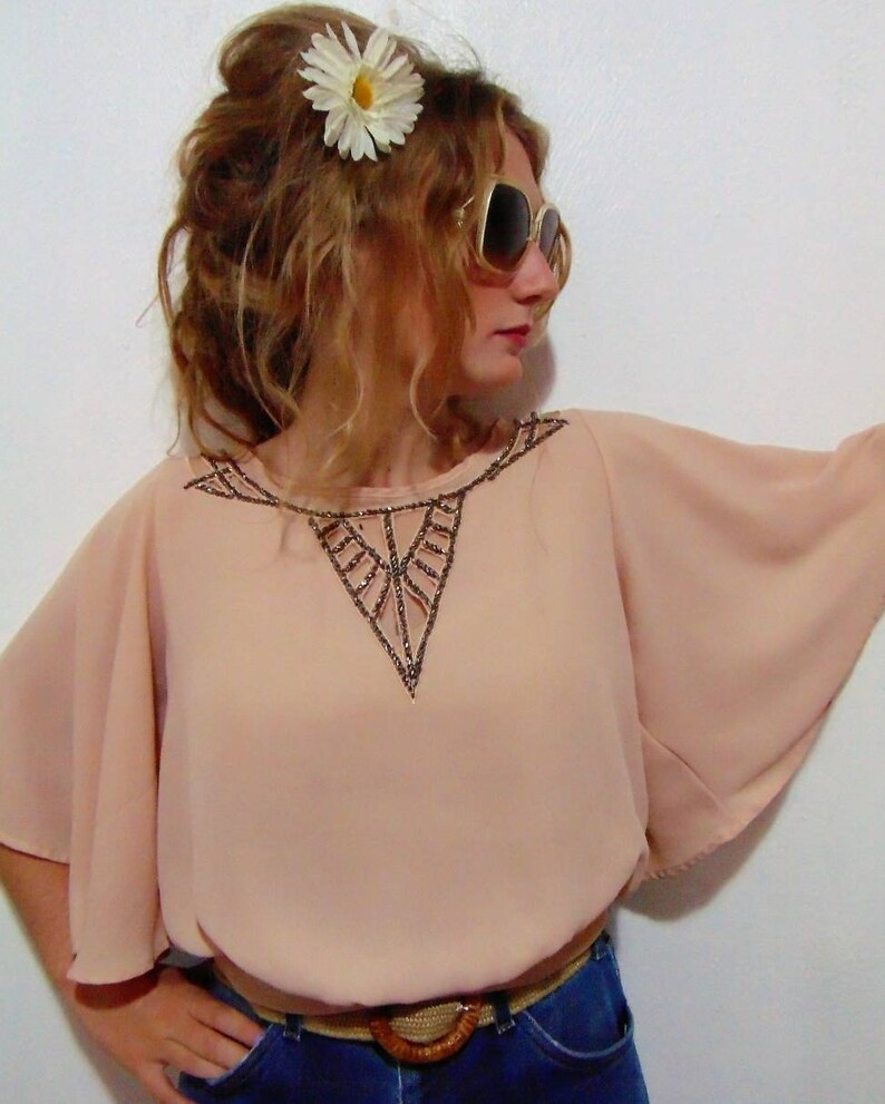 Vintage pink top blouse rhinestone shirt pink Chiffon hipster mod boho
