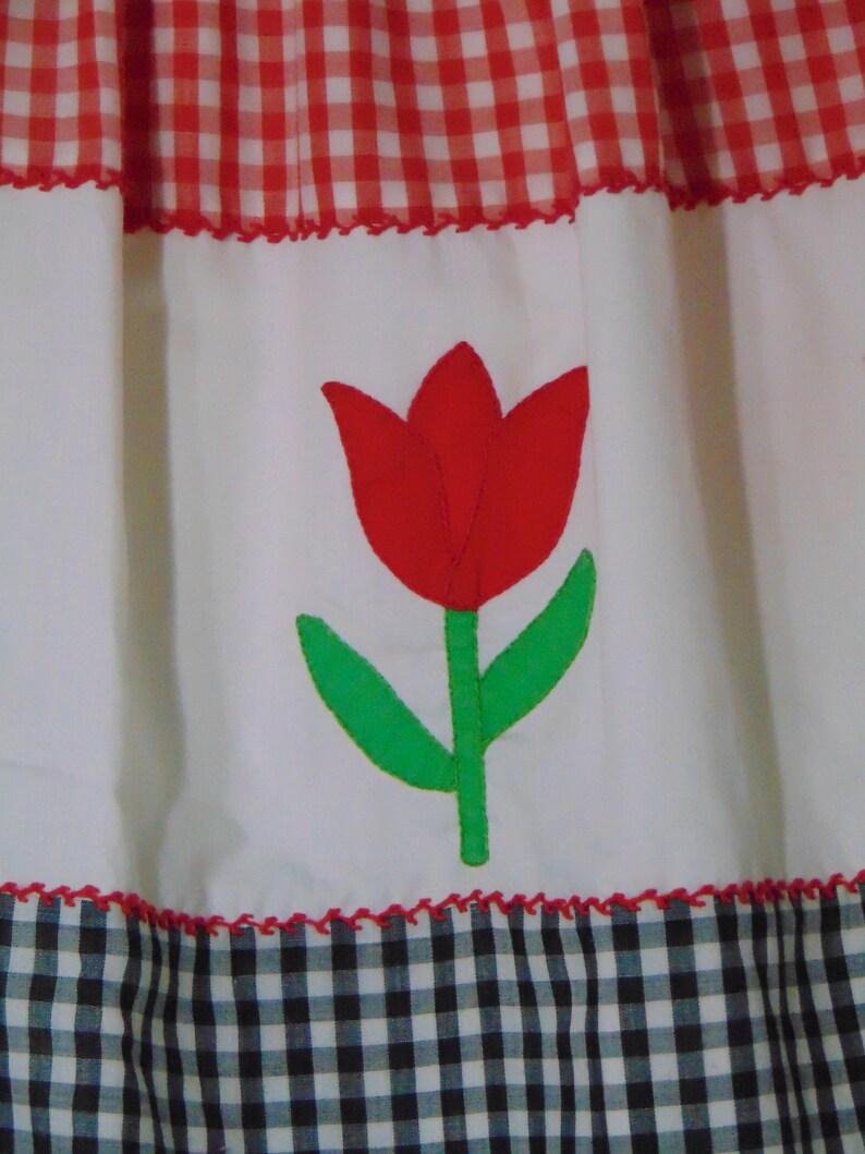 Vintage 1960s 70s tulip red skirt white flower handmade Rick rack gingham check dress applique mod