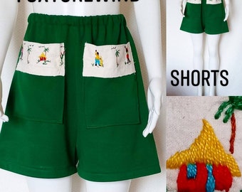 High waist green shorts embroidery 1970s 80'S long polyester pockets Mexican art large plus size handmade homemade hippie boho mod