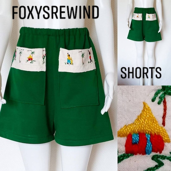 High waist green shorts embroidery 1970s 80'S long