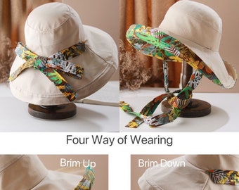 4 Way Bucket Hat with Bow Tie, Bucket Hat for Women, Sun Hat for Women Girl, Beach Hat, Spring Summer Hat, Beach Hat for Women, Gift for Her