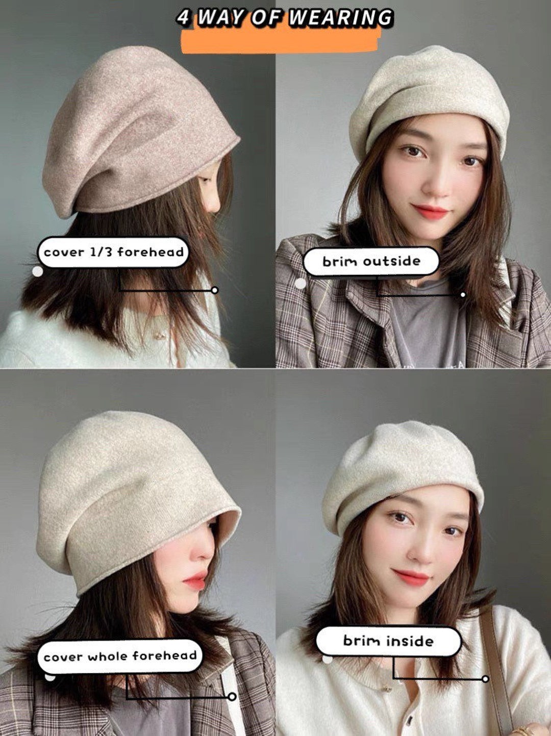 Wool Beret Hat, 4 Way Beret Hat, Fall/winter Hat for Women, Slouchy ...