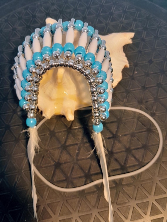 Beaded Headdress - Blue & White