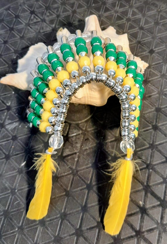 Beaded Headdress - Green & Yellow