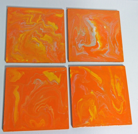 4 Coaster Set - Acrylic Paint Pour Design on Wood