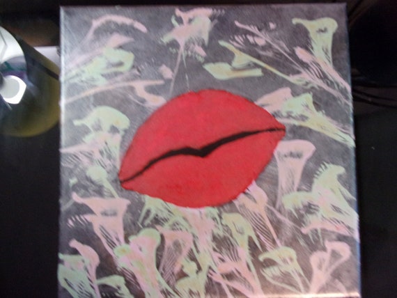 Original Acrylic Art Deco Painting - Lips and Flowers