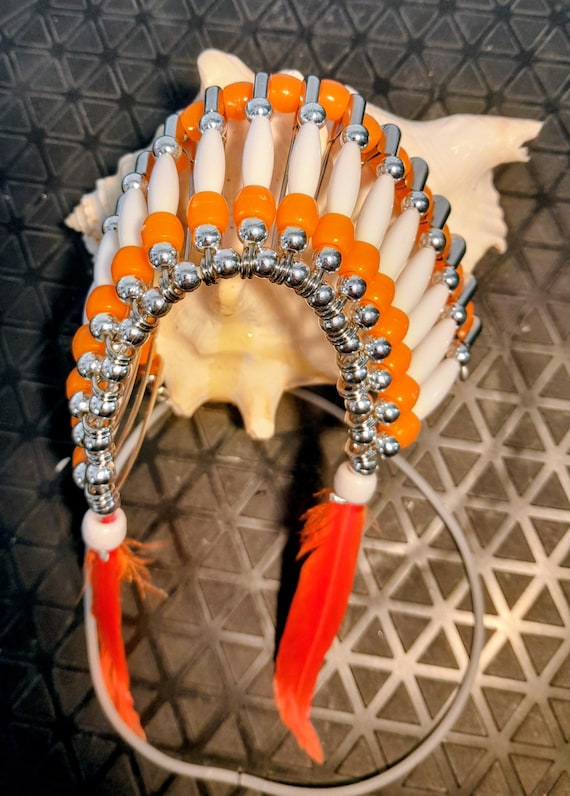 Beaded Headdress - Orange & White