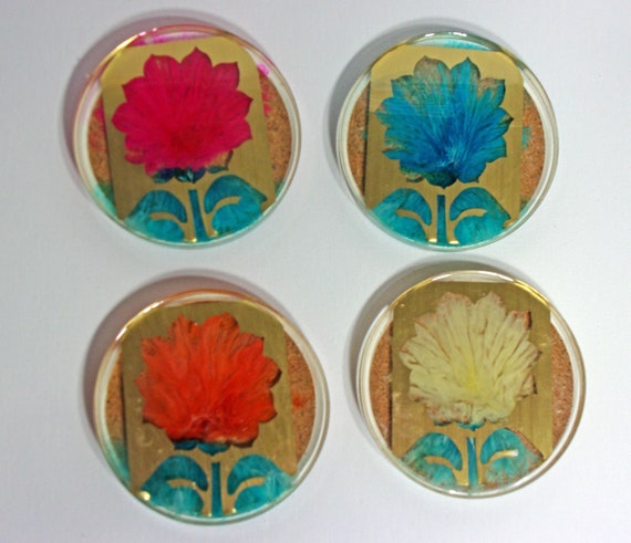 Flower Coaster Set- acrylic brass coaster with unique dye pattern