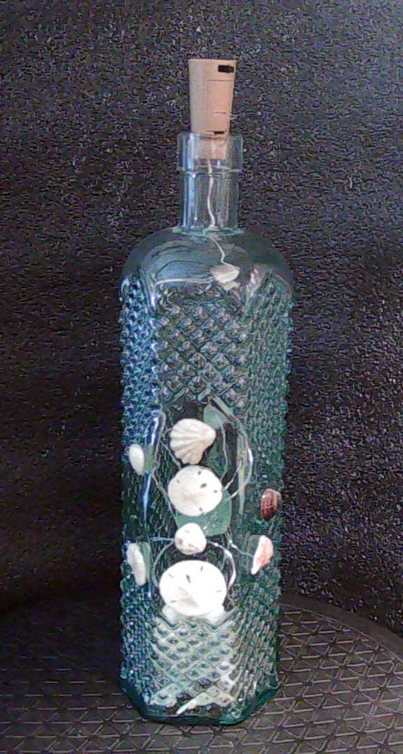 Large Slender Bottle with Seashells and Fairy Lights
